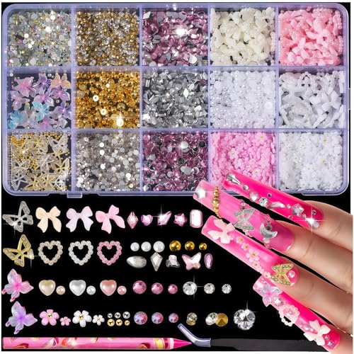 CharmeFleur 10 000 pièces de charms et pierres pour ongles, rose, mignon nœud en forme de cœur, charms 3D fleurs pour boîte à bijoux, charms papillon épais dorés pour des