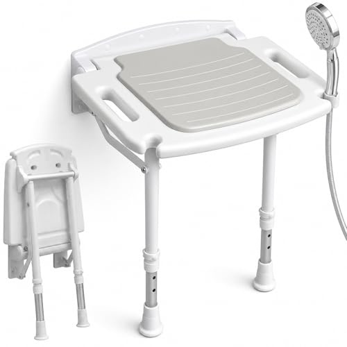Wall Mounted Shower Seat with Armrests – Fold Down Shower Bench with Shower Holder, 8-Level Adjustable Height & Memory Foam Cushion, Wall Mount Bathroom Chair for Seniors, Pregnant Women & Rehab