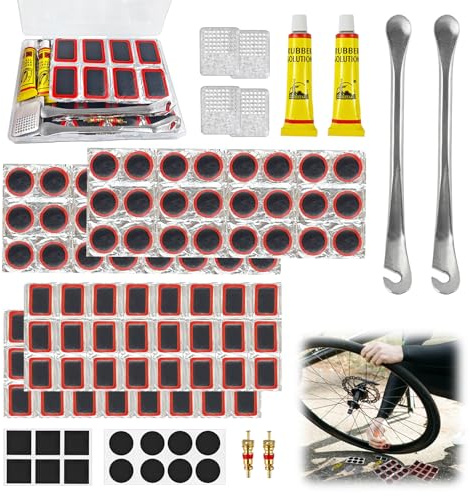 MSLHUB 120 Stück Fahrrad Flickzeug Set, Tragbares Fahrrad Reparaturset | mit Selbstklebenden & Kleber-Flicken, Reifenhebern, Ventilkernen, Reifenreparaturset für Fahrräder, Motorräder, BMX & E-Bike