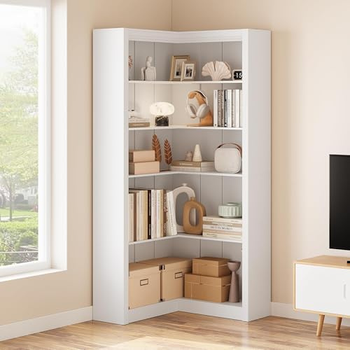 Niwugady 5 Ablagen Eckbücherregal 55 × 26 × 182cm, Landhausstil L-förmiges Standregal mit Robuste Aufbewahrung für Home Office, Wohnzimmer, Schlafzimmer, Weiß