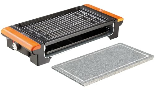 ETA Vital Elektrischer Tischgrill 1300W | Heißer Stein Grill & Gusseisen Grillplatte | Rauchfreier Tischgrill mit stufenlosem Thermostat, Fettauffangschale & Antihaftbeschichtung | Schwarz/Holz-Optik
