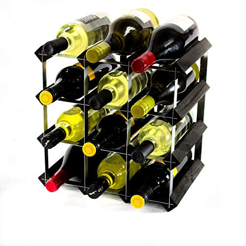 Classic 12 Bottle Black Stained Wood/galvanised Metal Wine Rack | Ready Assembled