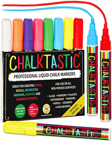 Chalkboard Markers Set of 8 Washable, Erasable Chalk Ink Dry Erase Pens for School, Chalkboard Menu Board & Glass Car Window - Neon, Pastel, White Chalk Pens - Gifts for Artists