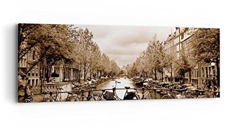 Panorama Bilder auf Leinwand Kanal Fahrräder Amsterdam Zentrum Leinwandbild 90x30cm Wandbilder Dekoration Wohnzimmer Schlafzimmer Klein Wanddeko Bild Wand Kunstdruck Art Wall Decor Canvas AB90x30-2971