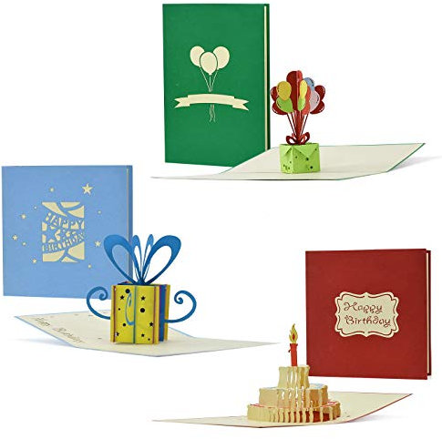 Geburtstagskarten 3er Set, Gutscheine, Glückwunsch Karten, 3D Pop-Up-Karten, Grußkarten, Geschenkkarten, Geschenk-Box, Torte mit Kerzen, Geburtstagsballons, Set 4