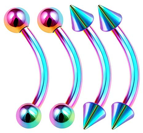KJM FASHION 4 STK Eloxiert Regenbogen Banane Ohr 1,6mm 14g 12 mm 1/2 Inch 4mm Kugel Und Kegel Rook Helix Labret Eyebrow Ohrringe Piercing Schmuck 2952
