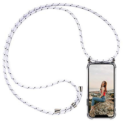 Verco Kordel Handyhülle für P30, Handykette für Huawei P30 Hülle mit Band 2. Generation Case zum umhängen, Weiss/Silber