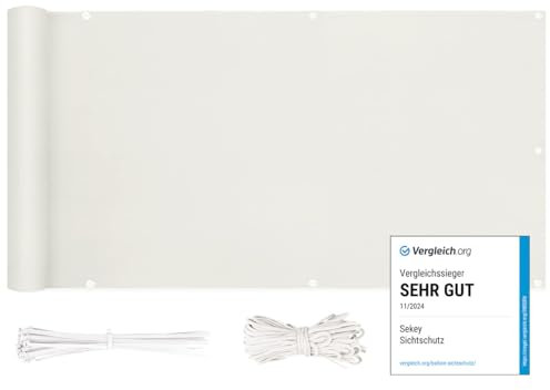 Sekey Balkon Sichtschutz Balkonabdeckung Balkonverkleidung blickdichte Wind- und UV-Schutz, 100% Privatsphäre, mit Ösen, Nylon Kabelbinder und Kordel, 120 x600cm Weiß