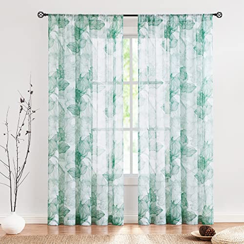 Treatmentex Durchsichtige Vorhänge mit Lotus-Druck, für Wohnzimmer, 241.3 cm lang, geschichtet, florales Design, halbtransparent, grün, weiß, Vorhänge, Höfe, 2 Stück