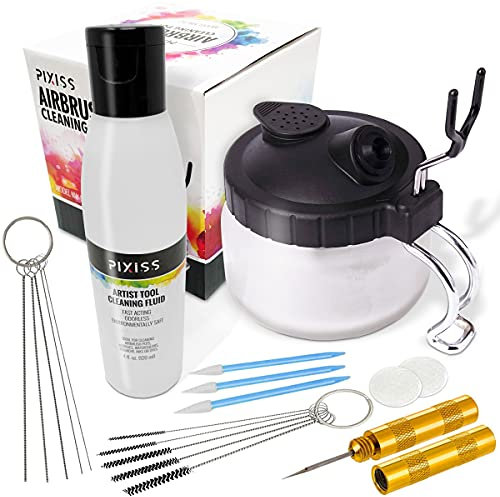 Airbrush-Reinigungsset, Bürstenreiniger-Lösung: Airbrush-Reinigungsbehälter mit Halter, Airbrush-Reiniger und Verdünner, 5 Reinigungsnadeln, 5 Reinigungsbürsten, 1 Waschnadel, 2 Filter