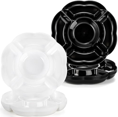 Okllen Lot de 12 plateaux de service ronds en plastique à 5 sections, 23,9 cm, assiettes de service divisées pour bonbons, noix, légumes, fruits et apéritifs, pour fruits secs, collations, desserts,