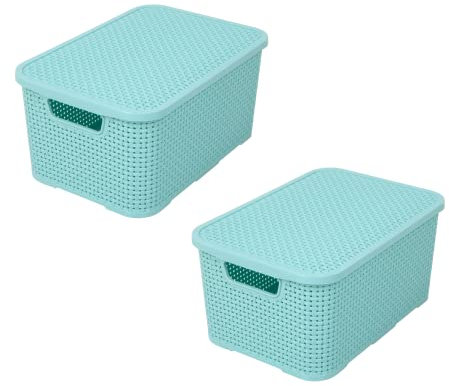 BranQ - Home essential Korb mit Deckel in Rattan Design 2er Set Grösse M 10 l, BPA-frei Kunststoff PP, Minze, 32,3x22,5x15 cm, 2 Stk.