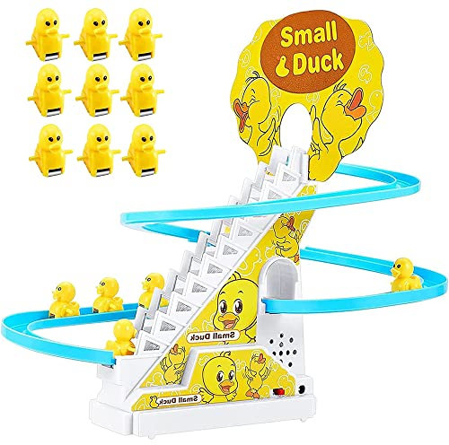 JOYGETIN Small Ducks Climbing Toys,Electric Duck Climbing Stairs Tracks Slide Toy Set,Duck Roller Coaster Toy with Flashing Lights & Music On/Off Button
