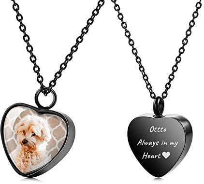 OTXIXTO Personalisierter Herz-Urne Halskette Gravur Foto/Name für Männer Frauen Mädchen Edelstahl Haustier menschlicher Aschehalter Gedenk-Andenken Einäscherungs-Trichter-Set(Schwarz)