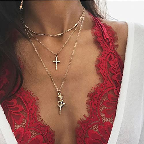 TseenYi Gold Layered Necklace for Women Boho Layered Cross Necklace Choker Rose Flower Dangle Multilayered Long Necklaces Summer Beach Wedding Jewelry for Women and Girls(1 Pcs)