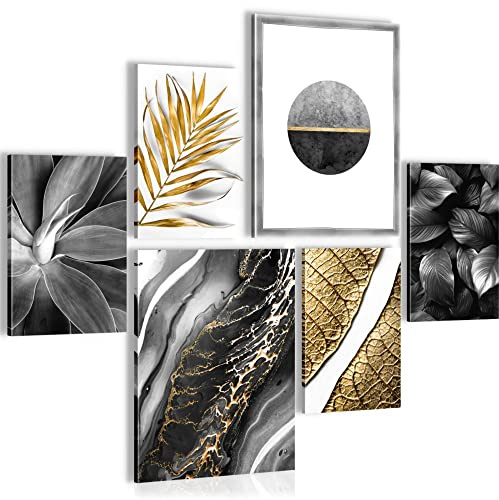 Novart Wandbilder Set Abstrakt Blumen Blätter Gold Grau - KEIN EXTRA RAHMEN BENÖTIGT - Modern Deko - Wohnzimmer Schlafzimmer N007063c