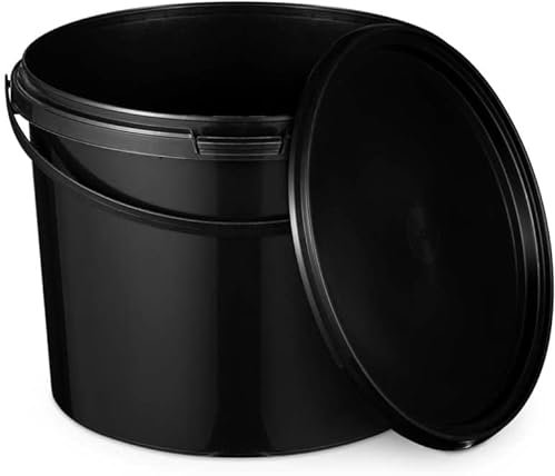 BenBow Bucket with lid 3 L Black 1x 3 Litres - food-safe, sturdy, airtight, leak-proof - plastic storage container, with metal handle - empty