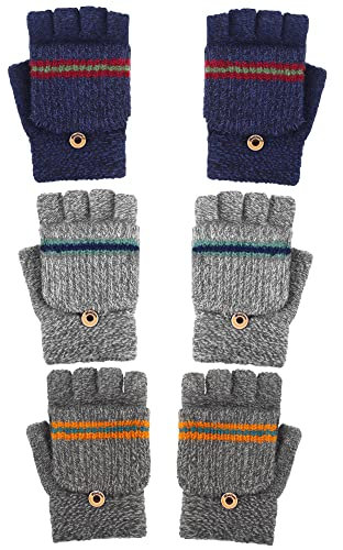 3 Paar Strickhandschuhe Umwandelbar Fingerlos Handschuhe mit Klappe für Kinder 6-13 Jahre (Hellgrau, Dunkelgrau, Marineblau)