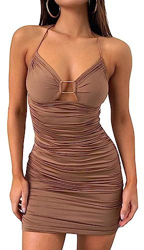 AIEOE Damen Sexy Minikleid Nude Rücken Plissee Kleid mit Kordelzug Ausschnitt von Curvy Summer Fashion Einfarbig Größe S Braun
