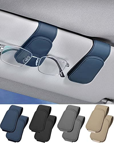 JEJA Brillenhalter für Auto Sonnenblende 2 Stück, Leder Sonnenbrillen Halterung für Auto Visier Zubehör, Ticket-Kartenclip, Blau