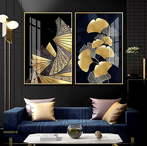 Nordic Leinwand Malerei Blatt und Geometrie Bild Dekor Kunst Malerei Ölgemälde Wandbild Poster Moderne Wandkunst Bild Home 60x80cmx2 Rahmenlos