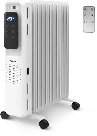 Keplin 2500W Oil Filled Radiator - Efficient & Portable Electric Heater with Remote Control, Touch Control Display, Timer & 3 Heat Settings, Overheat & Tip-over Protection For Home & Office (White)