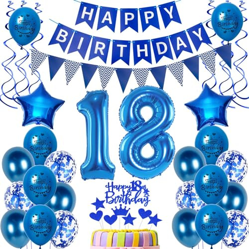 Luftballons 18 Geburtstag Dekoration Junge Ballon Deko 18. Geburtstag Junge blau Geburtstagsdeko 18 jahre Tortendeko 18.geburtstag birthday Banner Party Deko 18