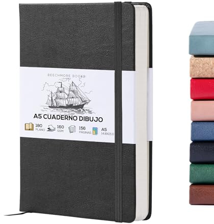 BEECHMORE BOOKS Skizzenbuch A5 (14,8 x 21) – Hardcover aus Veganleder, 156 Seiten 160 g/m² | Perforiert, Lay-Flat, Geschenkbox, Skizzenblock für Zeichnen, Malen, Mixed Media