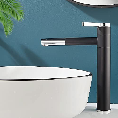 Maynosi Robinet Lavabo Laiton Haut Mitigeur Haut pour Vasque Robinet Salle de Bain avec Bec Haut Pivotant à 360° Mitigeur au Design Moderne Avec Tuyaux Flexibles (Noir)