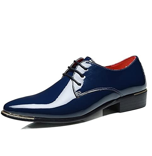 Ninepointninetynine Scarpe Eleganti da Uomo Stringate Scarpe Derby in Pelle Verniciata con Punta Liscia Lucida Tacco Largo Suola in Gomma Low Top Business (Color : Blu, Size : 38 EU)