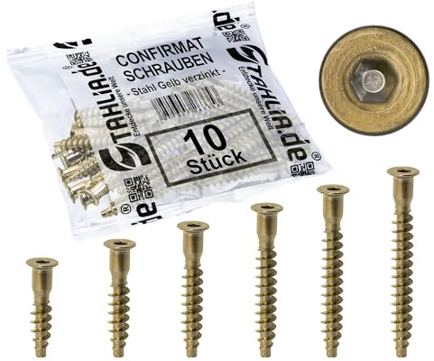 Stahlia Confirmat Schrauben 7,0x70mm Möbel Schrauben (10 Stück) Stahl gelb verzinkt Verbindungsschrauben Möbelverbinder Schrauben Korpusverbinder Innensechskant