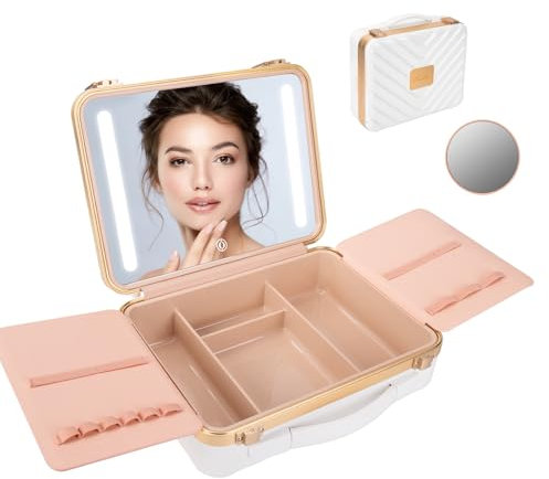 LRUKEY Reise-Make-up-Box mit Leuchtendem Spiegel, Tragbare Make-up-Tasche, Make-up-Box, Wiederaufladbare Make up Organizer, mit 3-farbigem LED-Spiegel und Abnehmbarer Lupe(weiß)