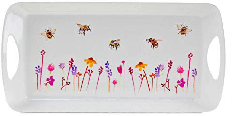 UNIQUE HOME LIVING Serving Tray, Dinner Breakfast Food & Drinks Serving Tray, Bees & Flowers Print Medium Plastic Tray with Grip Handles - 41 x 20cm