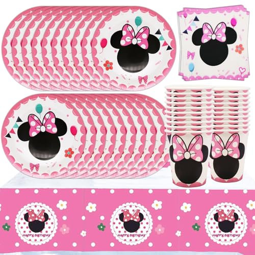 Kids Birthday Tableware Kit,Bow tie Party Decoration Tableware 20 Guests, Pink Theme Party Tableware Set, Birthday Paper Plates Napkins Cups Tablecloths, for Girls Party Accessories