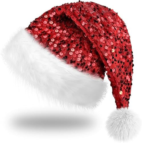 HO2NLE Weihnachtsmütze mit Pailletten, Weihnachtsmannmütze, gefüttert mit weichem Stoff, für Weihnachtsbaum, Weihnachtsfeier, Dekoration für Weihnachtsbaum