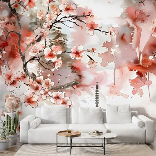 Japanischer Turm Kirschblüten Tapete, Blumenzweige Fototapete, Aquarell Wandpapier, Vliestapete Selbstklebende Wand Deko, Motivtapeten Schlafzimmer Wohnzimmer, 200x140 cm - S-831