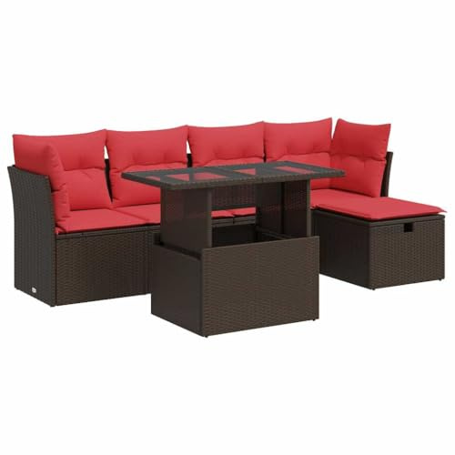 vidaXL 6 Piece Garden Sofa Set with Cushions Brown Poly Rattan Acacia, outdoor sofa set, garden lounge set