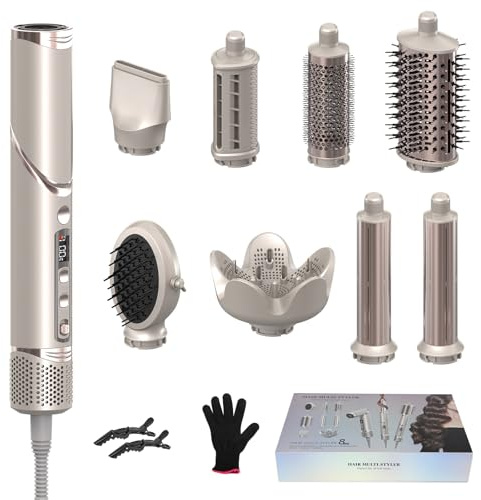 8-in-1 Haarstyler trockner, Multihaarstyler AirStyler, 1600W Haarstyler Geräte mit 110000 RPM Motor Haartrockner,mit Luftkissenkamm, Lockenstab (links & Rechts), Diffusor, Luftdüse (Champagner)