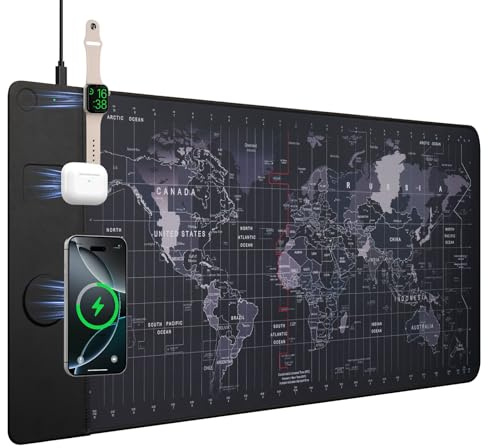 VOVIPO Mouse Pad di ricarica wireless 15W, Mousepad di gioco impermeabile, base antiscivolo, XXL grande tappetino da scrivania 90 x 40 cm, Black World Map Computer Desk Pad per MacBook, PC, Laptop