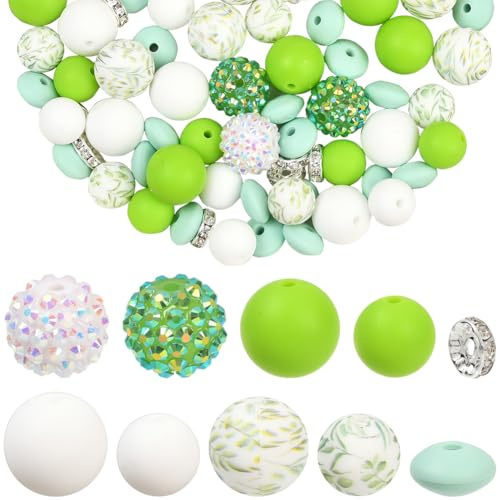 SOFPLATE 10 Styles Green Silicone Bead 12MM 15MM Round Silicone Beads Bulk Chunky Smooth Leaf Flower Natural Disco Ball Rondelle Spacers for Jewellery Making Findings Bracelet Earrings DIY Crafts
