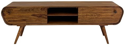 FineBuy Lowboard 160x45x50 cm Sheesham Massivholz, Retro 2 Schubladen | TV-Board im Mid-Century Stil mit offenen Fächern und abgerundeten Kanten, Fernsehtisch aus Echtholz