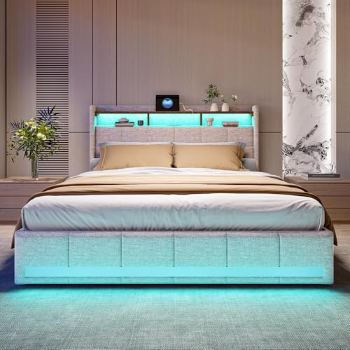 WSOFZMO Doppel Bett 160x200 mit Lattenrost, Boxspringbett 160x200, Doppelbett Polsterbett mit Stauraum, Betten mit 4 Schubladen, LED und 2 USB, 1 Type-c, Leinen, ohne Matratze (Beige, 160 * 200)