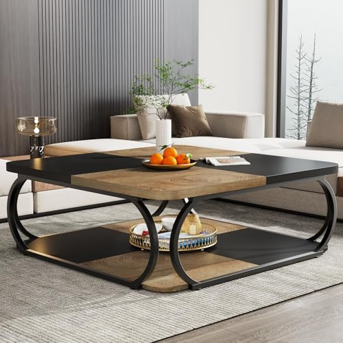 Tribesigns Couchtisch Quadratisch für Wohnzimmer, 100 x 100 x 50 cm Holzwerkstoff Couchtisch Niedrig Wohnzimmertisch für Modernes Wohnzimmer, Schwarz Hellbraun