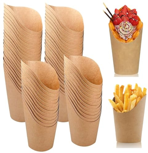 50PCS Porte Frites Tasses en Papier Kraft - 8 oz Gobelets en carton avec bouche inclinée, Cornets à snacks pour fêtes, Sachets à frites, Sachets en carton pour gaufres, popcorn, brochettes de fruits