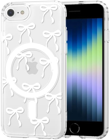 Magnetisch Hülle für iPhone 8/7/SE 3/SE 2 (2022/2020) Kompatibel mit MagSafe, Aesthetic Schleifen Muster Handyhülle Nie Vergilbung Dünne Transparent Hard PC Rückseite Stoßfest Kratzfest Case, Weiß