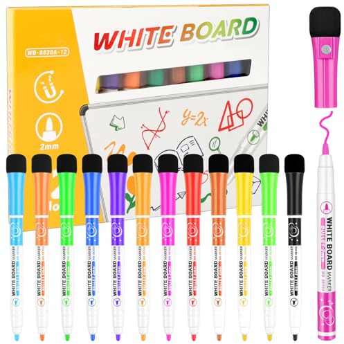 MOTIBACK Whiteboard Marker, 12 Farben Magnetisch Whiteboard Stifte mit Schwamm Radiergummi, Weißer Schaft, Feinspitze Trockenlösch Abwischbare Marker für Whiteboard, Büro, Schule und Zuhause (Gelb)