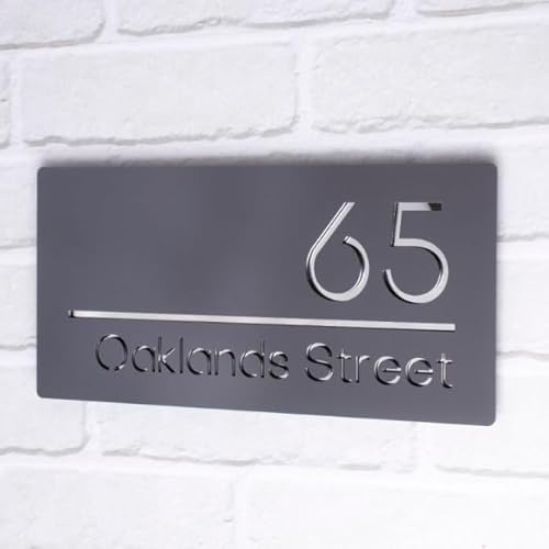 House Signs Direct Perspex Acrylic Mirror Door Sign, 30 x 15cm | Perspex plaque with bespoke address number and outdoor wall fixings, ideal for contemporary front doors.