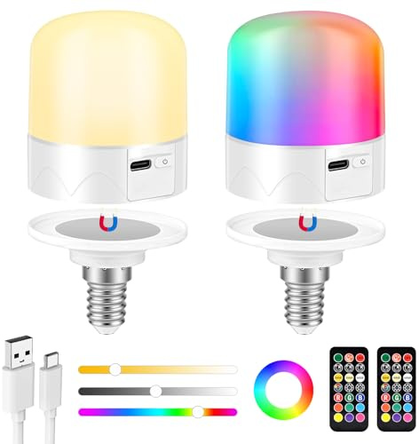 GuKKK 2 PACK USB C Batterie Ampoule Rechargeable Avec Télécommande, E14 Ampoule Rechargeable Magnétique Avec Interrupteur, RGB Couleur, 2000 Mah sur Batterie Secours
