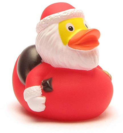 DUCKSHOP I Badeente Weihnachtsmann mit Sack und Glocke I Quietscheente - L: 7,5 cm I Geschenk Weihnachten I Geschenk Nikolaus I Adventskalender