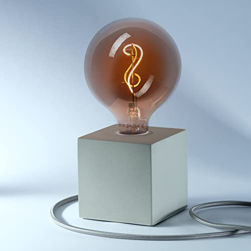 Home Designerlampe aus Beton, Nachttisch-Leuchte, Schreibtisch-Lampe oder für den Boden, Cube-Lampe als Geschenk, Harmonische Beleuchtung, Als LED Lampe für jeden Raum, Mit farbigem Textilkabel „Grau“